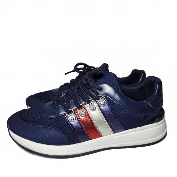 Tommy Hilfiger Women's Navy Blue Sneakers with Red, Silver, and Purple Stripes - Picture 2 of 9